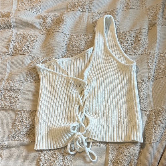 Cream Ribbed Knit One-Shoulder Top - Picture 2 of 2